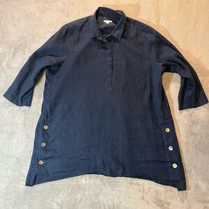 J Jill Love Linen Womens Navy Blue 100% Linen 3/4 Sleeve Tunic Top Size Large